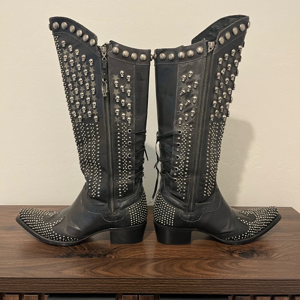 Studded Black Leather Knee-High Boots